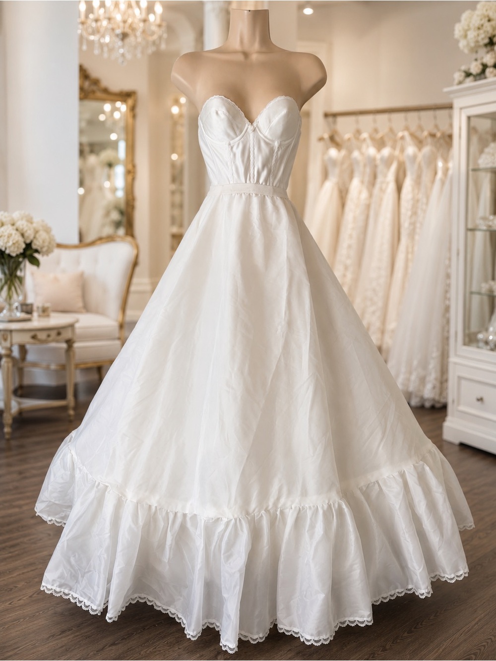 Vintage full-length crinoline with built-in bustier cups voluminous ruffled hem